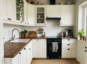 Small kitchen renovation in Dublin with white shaker cabinets, wood worktops, subway tile backsplash and a compact L-shaped layout