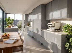 Gloss grey kitchen cabinets with tall units in Ireland