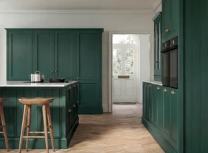 Green kitchen cabinets showing standard cabinet sizes in Ireland