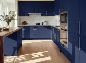 Superior matt indigo kitchen cabinets in a modern Dublin kitchen with wood worktops