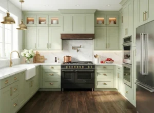 U-shaped kitchen layout in Dublin home with meadow green shaker cabinets, brass handles, farmhouse sink, range cooker and marble worktops