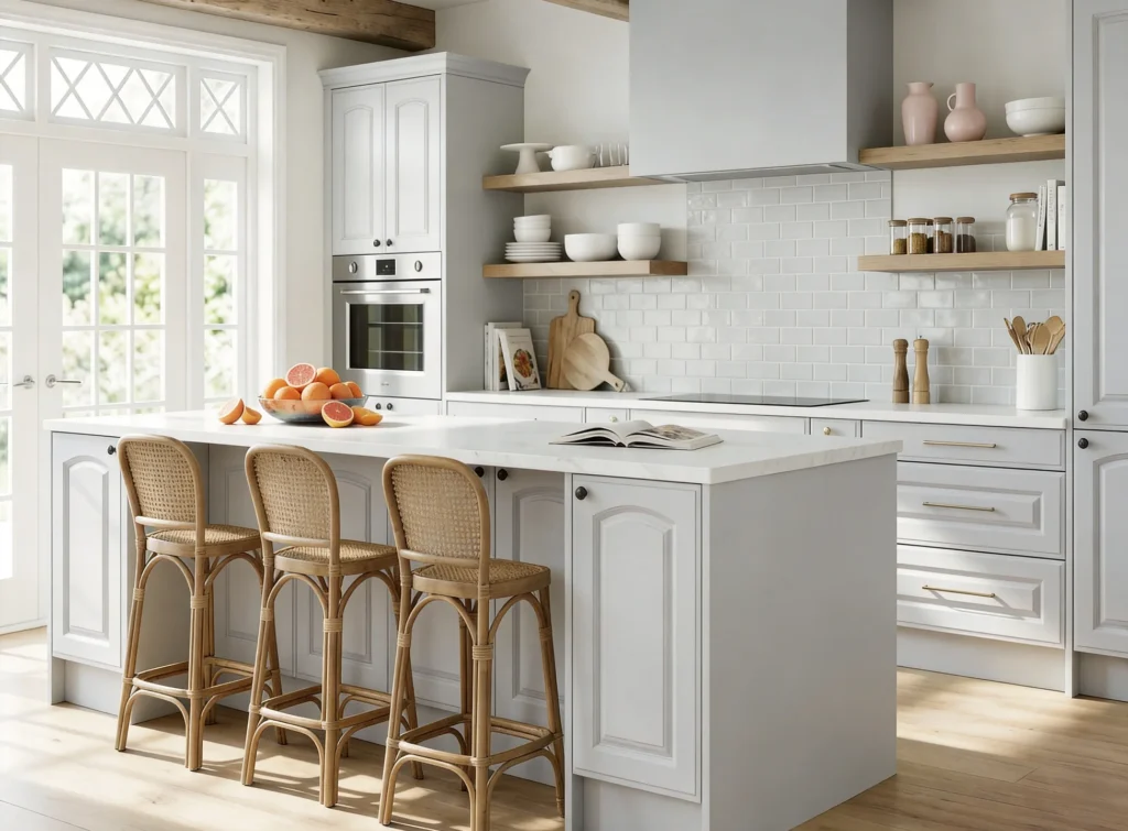 White fitted kitchen with island, rattan stools and open wooden shelves in a Dublin home