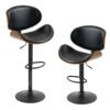 Set of 2 Adjustable Swivel Bar Stools with Curved Wooden Frame and PU Leather Seat – Black