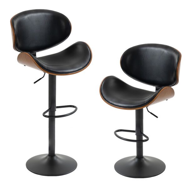 Set of 2 Adjustable Swivel Bar Stools with Curved Wooden Frame and PU Leather Seat – Black