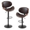 Set of 2 Adjustable Swivel Bar Stools with Curved Wooden Frame and PU Leather Seat – Brown