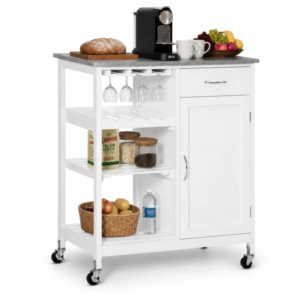 White Compact Kitchen Trolley with Wine Rack and Cabinet
