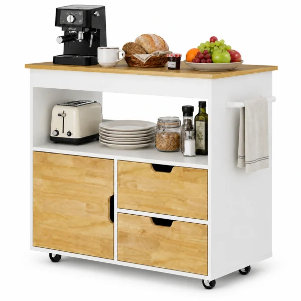White Kitchen Island Trolley with Cabinet and Worktop