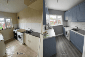 Before and after Denim galley Shaker kitchen renovation in Raheny, Dublin