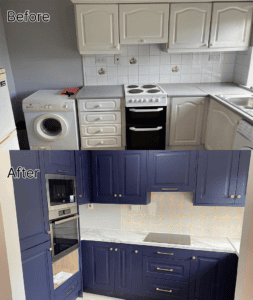 Before and after indigo blue L-shaped Shaker kitchen renovation in Clontarf, Dublin