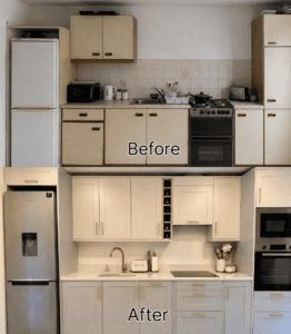 Before and after light grey one-wall Shaker kitchen renovation in Blackrock, Dublin