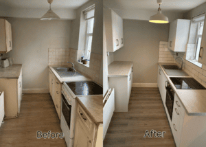 Before and after White Grey galley kitchen renovation in Santry, Dublin