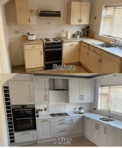 Before and after white grey L-shaped Shaker kitchen renovation in Raheny, Dublin