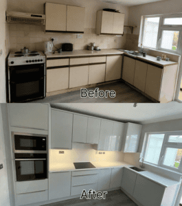 Before and after white high gloss handleless kitchen renovation in Malahide, Dublin