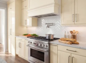 Cream gloss fitted kitchen with tall units and range cooker in Dublin