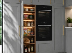 Dust grey kitchen with built-in double oven and tall appliance housing in Dublin