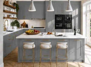 Dust grey Shaker kitchen with island and integrated appliances in Dublin