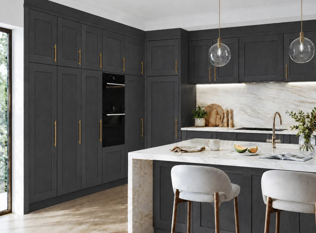 Graphite shaker kitchen with island, tall storage and marble-effect worktops in Dublin