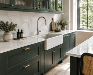 Green Shaker fitted kitchen with glass cabinets and brass handles in Dublin