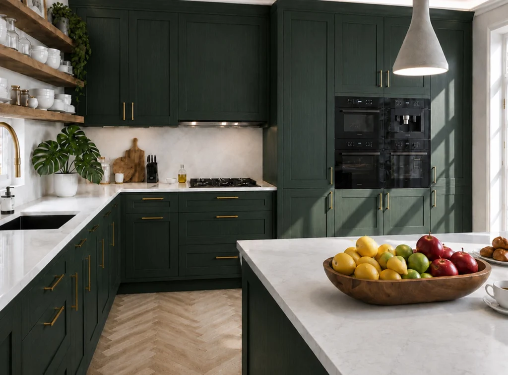 Green Shaker kitchen with island and tall storage cabinets in Dublin