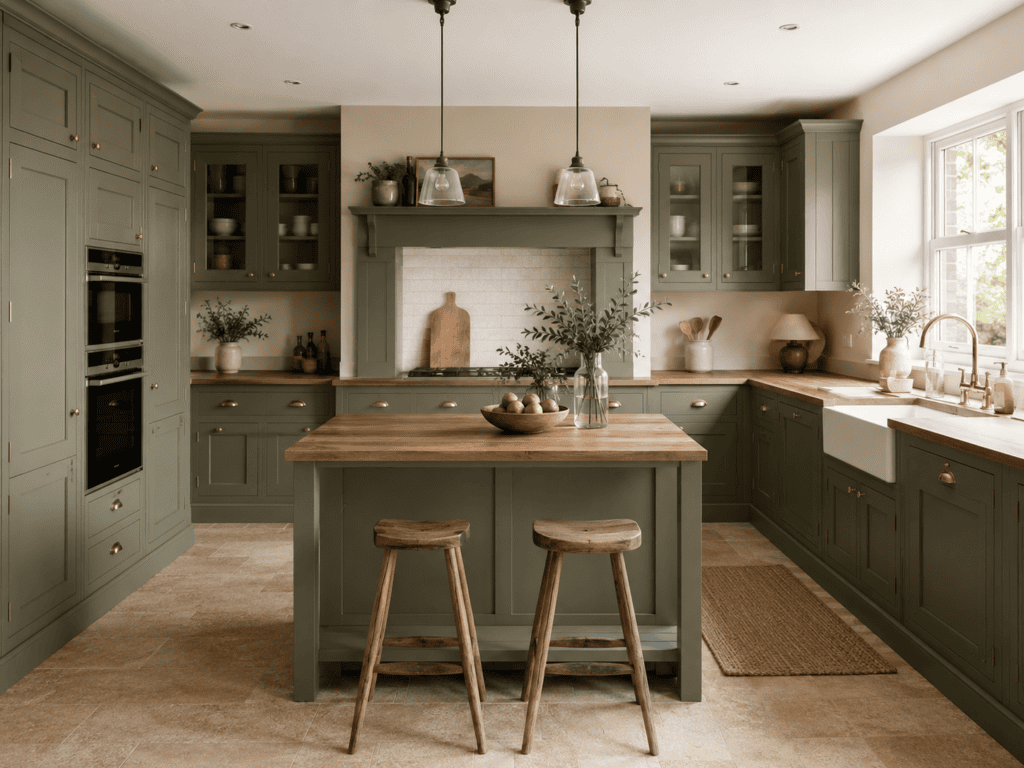 Green Shaker kitchen units with island, tall cabinets and wall units in Dublin