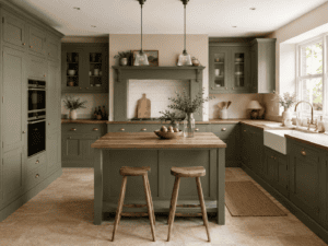 Green Shaker kitchen units with island, tall cabinets and wall units in Dublin