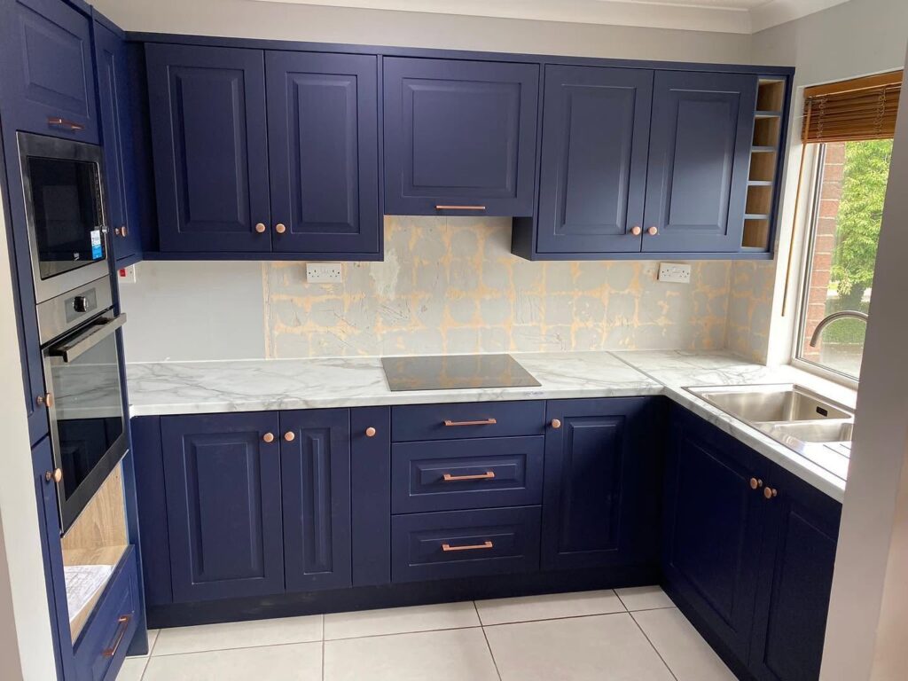 Indigo Blue L-Shaped Shaker Kitchen Renovation in Clontarf, Dublin