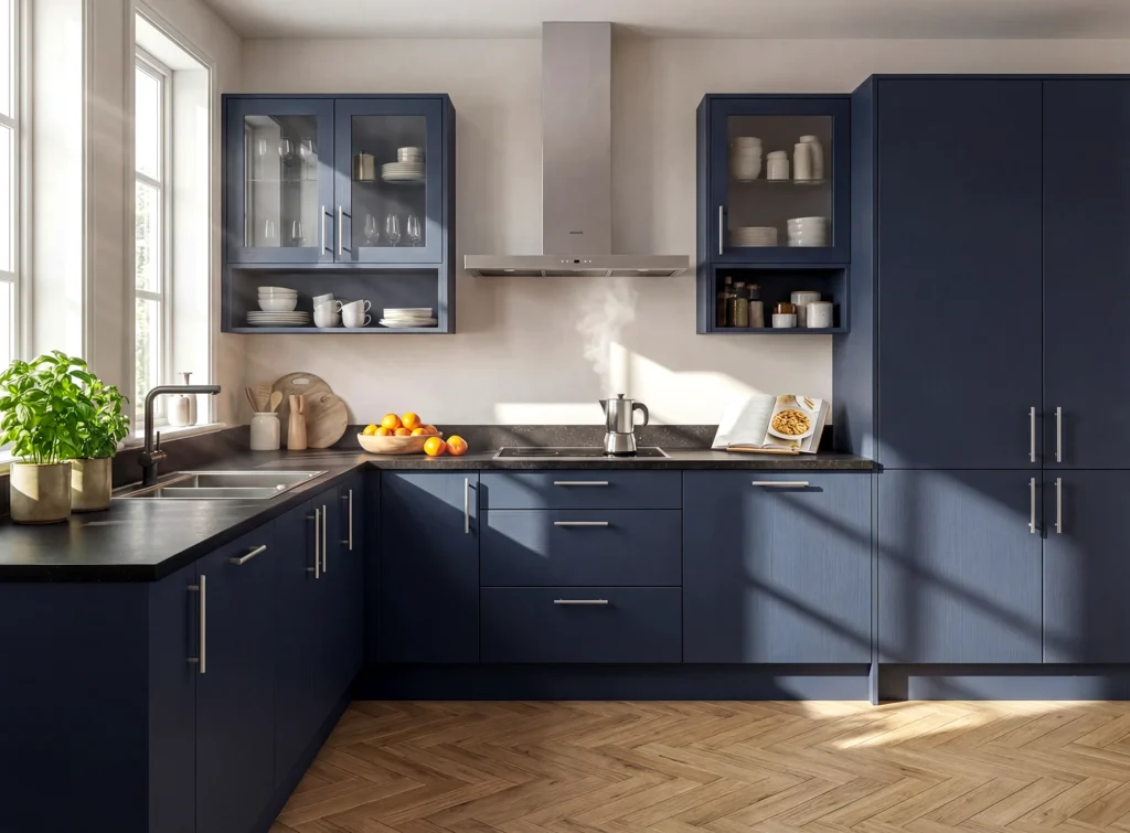 Indigo L-shaped fitted kitchen with tall storage in a Dublin home
