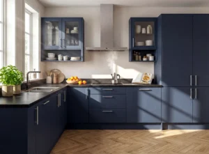 Indigo L-shaped fitted kitchen with tall storage in a Dublin home