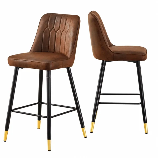 Set of 2 Fabric Bar Stools with Footrest – Brown and Black