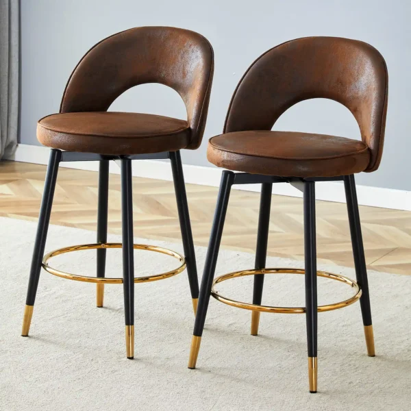 Set of 2 Open Back Fabric Swivel Bar Stools – Brown