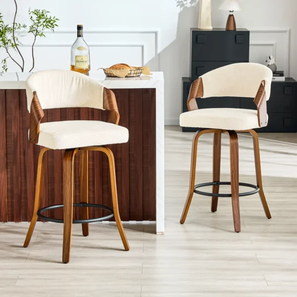 Set of 2 Fabric Bar Stools with Wooden Frame and Backrest – White