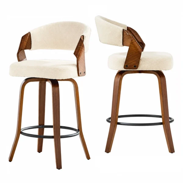 Set of 2 Fabric Bar Stools with Wooden Frame and Backrest – White