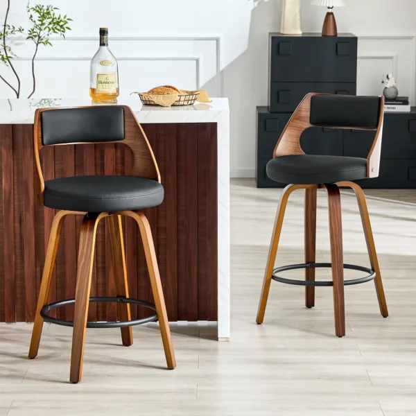 Set of 2 Retro Wooden Frame Bar Stools with PU Leather Seat – Black