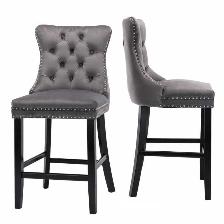 Set of 2 Tufted Velvet Bar Stools with Wooden Legs – Grey