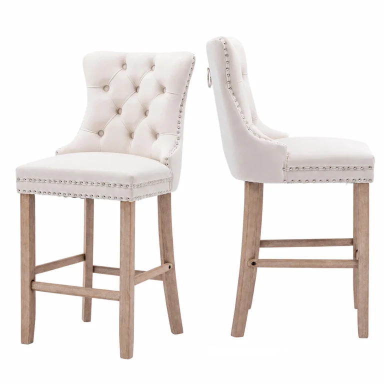 Set of 2 Tufted Velvet Bar Stools with Wooden Legs – Beige