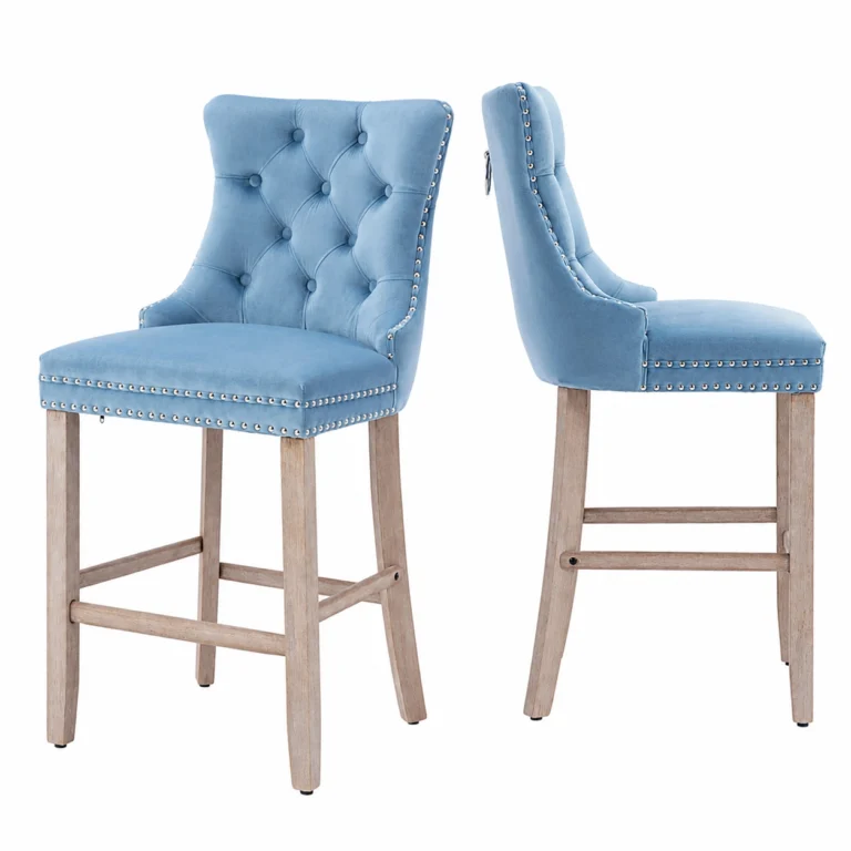 Set of 2 Tufted Velvet Bar Stools with Wooden Legs – Light Blue