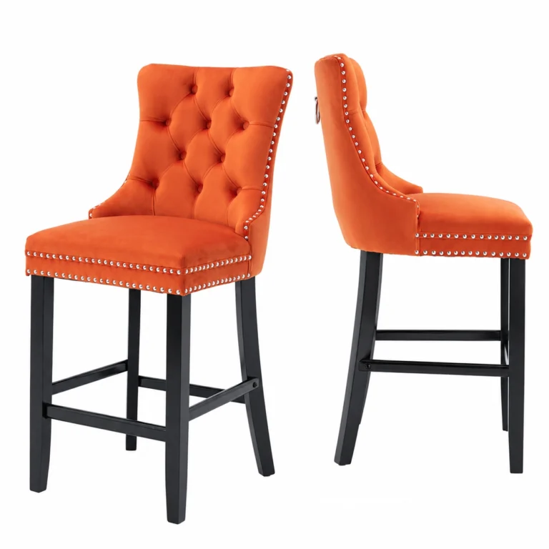 Set of 2 Tufted Velvet Bar Stools with Wooden Legs – Orange