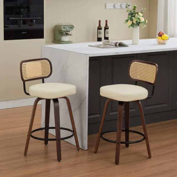 Set of 2 Rattan Back Swivel Counter Stools with PU Leather Seat – Beige