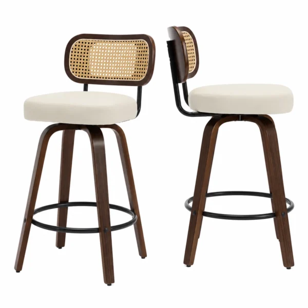 Set of 2 Rattan Back Swivel Counter Stools with PU Leather Seat – Beige