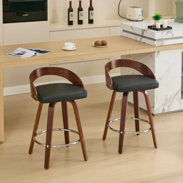 Set of 2 Mid-Century Swivel Counter Stools with Low Back and PU Leather Seat – Black