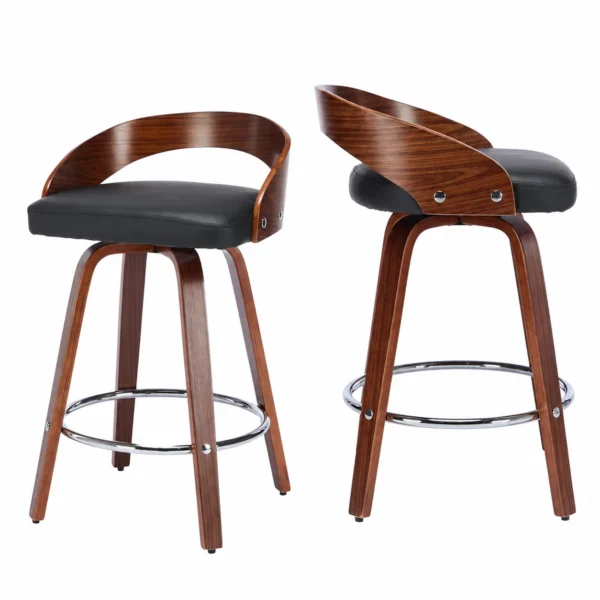 Set of 2 Mid-Century Swivel Counter Stools with Low Back and PU Leather Seat – Black