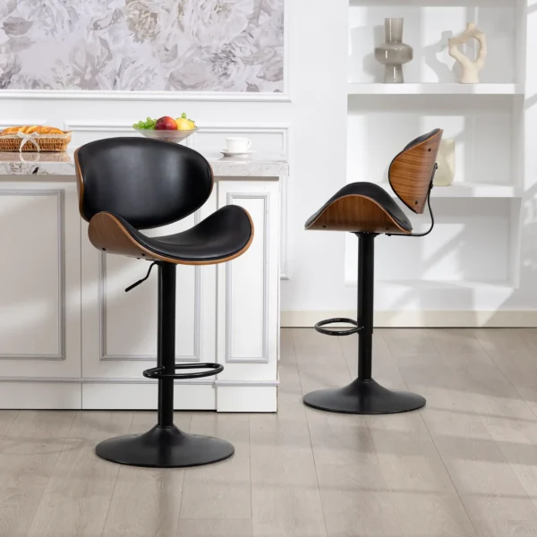 Set of 2 Adjustable Swivel Bar Stools with Curved Wooden Frame and PU Leather Seat – Black