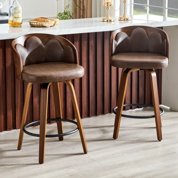 Set of 2 Flower Back Wooden Bar Stools with PU Leather Seat – Brown