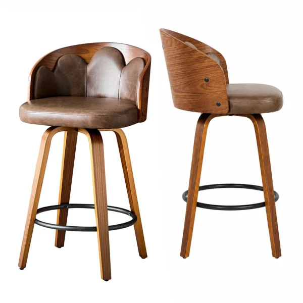 Set of 2 Flower Back Wooden Bar Stools with PU Leather Seat – Brown