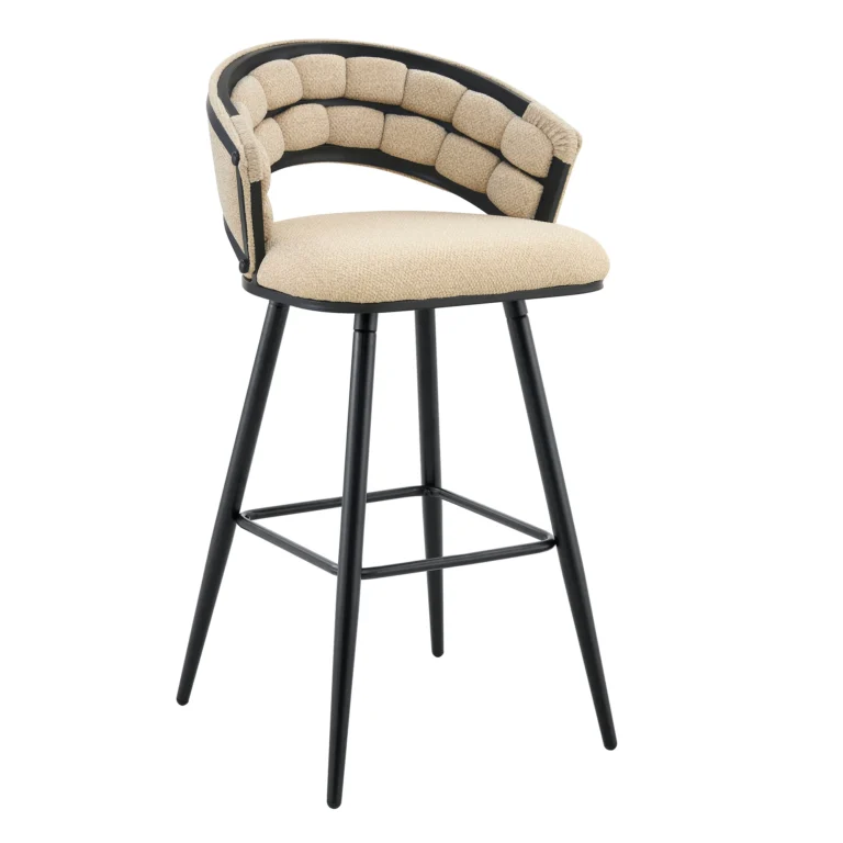 Set of 2 Woven Velvet Bar Stools with Metal Legs – Beige