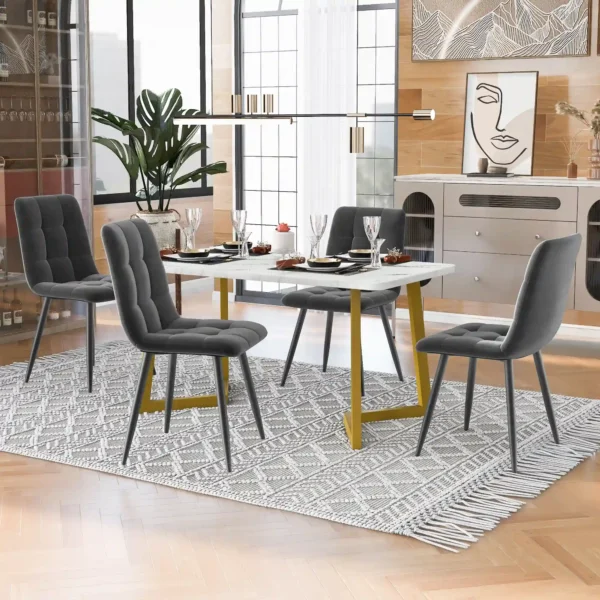 5-Piece Dining Table Set with 4 Grey Chairs – White and Gold