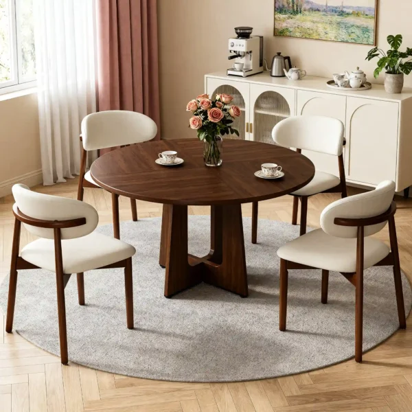 5-Piece Round Dining Table Set with 4 Solid Wood Chairs – Walnut
