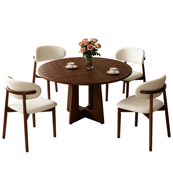 5-Piece Round Dining Table Set with 4 Solid Wood Chairs – Walnut