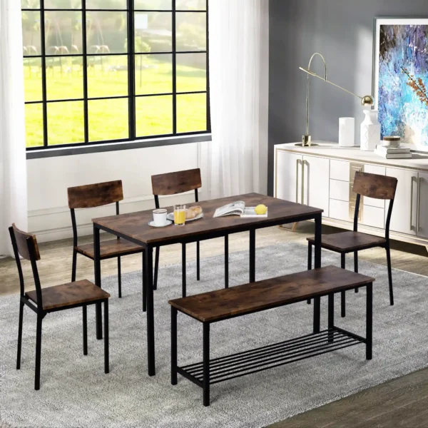 6-Piece Industrial Dining Table Set with 4 Chairs and Bench – Brown and Black