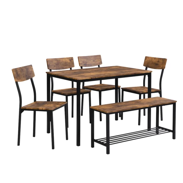 6-Piece Industrial Dining Table Set with 4 Chairs and Bench – Brown and Black